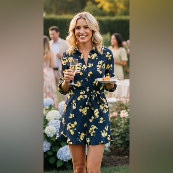 Banana Republic Pants - Banana Republic Navy Lemon All Over Print Romper With Ruffles Size 4 Money